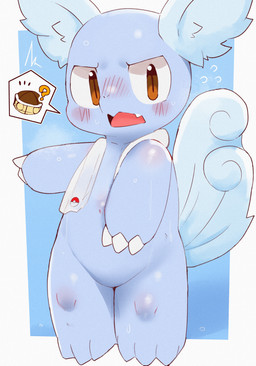 ambiguous_fluids anthro blue_body blue_ears blue_skin blue_tail blush blush_lines body_blush brown_eyes cute_fangs fangs fluffy fluffy_ears fluffy_tail gesture glistening glistening_eyes hand_gesture kemono male nose_blush open_mouth pointing pokeball pupils question_mark shell-less shota simple_background slit_pupils solo tail teeth towel towel_around_neck young young_anthro dinogaize nintendo pokemon generation_1_pokemon pokemon_(species) wartortle 2021