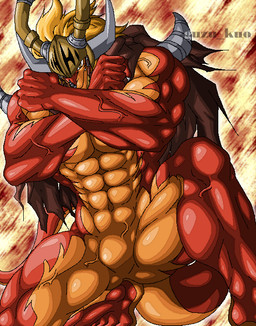 abs anthro biceps blonde_hair hair horn male multicolored_body nude obliques orange_body orange_skin pecs solo vein veiny_muscles guzu_kuo bushiroad future_card_buddyfight mythology drum_bunker_dragon dragon mythological_creature mythological_scalie scalie