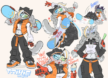 action_pose anthro beanie belt biped blue_eyes blush bottomwear braided_hair cargo_pants cat_smile cheek_tuft clothed clothing constricted_pupils cropped_jacket emanata eyewear eyewear_on_head facial_tuft female fluffy food footwear front_view frozen_yogurt fur gesture glasses glasses_on_head gloves goggles goggles_on_head grey_body grey_fur hair hand_gesture hand_on_hip handwear hat head_tuft headgear headwear highlights_(coloring) holding_food holding_object holding_snowboard long_hair long_tail low-angle_view midair midriff motion_lines on_ground onomatopoeia open_clothing open_mouth open_topwear open_vest pants pointing pointing_at_viewer popsicle pose pupils rear_view shoes simple_background sitting ski_goggles slit_pupils small_eyes small_pupils snow snowboard solo sound_effects sparkles standing tail text thrust_lines topwear tuft twintails_(hairstyle) vest wearing_goggles white_highlights beezii trixie_seolhwa felid feline mammal absurd_res digital_drawing_(artwork) digital_media_(artwork) hi_res