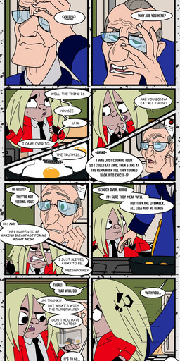 breakfast clothing cookware dialogue duo egg elderly_male eyewear frying_pan glasses green_eyes grey_hair hair kitchen_utensils male pajamas speech_bubble text tools redundantmodule 101_dalmatian_street 101_dalmatians disney alfred_bright hunter_de_vil human mammal comic english_text hi_res