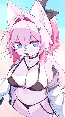 anthro biped breasts cleavage clothed clothing cute_fangs fangs female fur hair inner_ear_fluff looking_at_viewer navel pink_body pink_fur pink_tail pupils solo standing tail teeth tongue tuft devil-vox felid feline mammal absurd_res hi_res