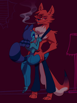 3_toes anthro anthro_on_anthro barefoot bite biting_lip biting_own_lip black_nose blue_body blue_eyes blue_fur blue_hair bottomwear breasts butt cigarette cigarette_in_mouth clothed clothed_anthro clothed_female clothing duo feet female fur hair hindpaw humanoid_hands larger_male male male/female markings object_in_mouth pants paws red_body red_fur red_sclera ring_(marking) ringed_tail self_bite size_difference smaller_female standing striped_markings striped_tail stripes tail tail_markings toes topless topless_anthro topless_female topless_male white_body white_eyes white_fur notsweetdandy cazadora_(rentonreverb) dandy_(rentonreverb) canid canine canis coyote mammal procyonid raccoon