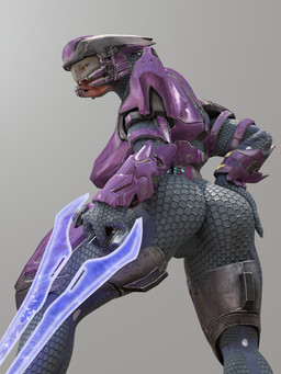 anthro armor breasts butt clothed clothing energy_sword energy_weapon female grey_background hand_on_hip holding_melee_weapon holding_object holding_sword holding_weapon looking_at_viewer melee_weapon open_mouth simple_background solo standing sword weapon plaisehulder chocoscorner_(modeler) halo_(series) microsoft xbox_game_studios alien sangheili 3:4 3d_(artwork) absurd_res digital_media_(artwork) hi_res
