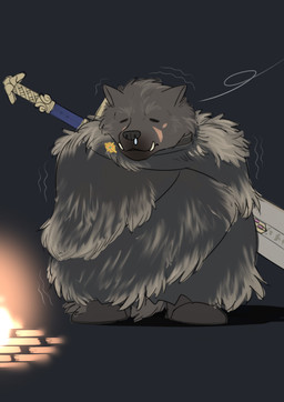 anthro biped black_background cloak clothing facial_scar fangs freezing fur grey_body grey_fur male melee_weapon scar shaking simple_background solo sword teeth weapon kotori elden_ring fromsoftware blaidd_(elden_ring) canid canine canis mammal wolf 2022 digital_media_(artwork) hi_res