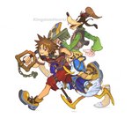 4_fingers 5_fingers anthro beak biped black_nose blue_eyes brown_hair clothed clothing feathers fingers gloves group hair handwear keyblade male melee_weapon running shield side_view simple_background staff text trio weapon white_background white_body white_feathers yellow_beak 9twoeight disney kingdom_hearts square_enix donald_duck goofy_(disney) sora_(kingdom_hearts) anatid anseriform avian bird canid canine canis domestic_dog duck human mammal 2024 absurd_res full-length_portrait hi_res portrait