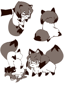 :3 chest_tuft dipstick_tail eyebrow_through_hair eyebrows eyes_closed facial_markings female feral feralized fluffy fur hair head_markings leg_markings markings mask_(marking) multiple_poses pose quadruped simple_background smile socks_(marking) solo tail tail_markings translucent translucent_hair tuft white_background i4_kan brand_new_animal studio_trigger michiru_kagemori canid canine mammal raccoon_dog tanuki 2020 3:4 digital_media_(artwork) hi_res monochrome