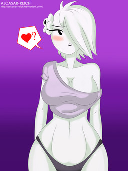 accessory aged_up alternative_fashion big_breasts blush bone breasts clothing female goth gradient_background hair_accessory hairclip heart_symbol inviting mostly_nude navel not_furry panties question_mark shirt simple_background skull solo teeth topwear underwear wide_hips alcasar-reich cartoon_network the_amazing_world_of_gumball carrie_krueger ghost humanoid spirit 2016 hi_res