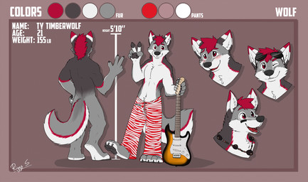 anthro black_nose blush bottomwear brown_background cheek_tuft chest_tuft closed_smile clothed clothing color_swatch countershading dipstick_ears ear_markings electric_guitar facial_tuft fangs front_view fur gesture grey_body grey_ears grey_fur guitar hair hand_gesture happy inner_ear_fluff jewelry looking_aside looking_at_viewer male messy_hair mouth_closed multicolored_ears musical_instrument navel necklace one_eye_closed open_mouth open_smile pants pattern_bottomwear pattern_clothing pattern_pants plucked_string_instrument pose rear_view red_body red_bottomwear red_clothing red_ears red_eyes red_fur red_hair red_pants red_stripes red_tongue short_hair simple_background smile solo standing string_instrument striped_bottomwear striped_clothing striped_pants stripes teeth text tongue topless tuft v_sign white_body white_bottomwear white_clothing white_ears white_fur white_inner_ear white_inner_ear_fluff white_pants white_stripes pache_riggs canid canine canis mammal wolf english_text hi_res model_sheet signature