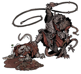 anthro armor blood bodily_fluids buckteeth clothed clothing collar corpse dismembered duo gauntlets gloves gore handwear headgear heart_symbol helmet holding_melee_weapon holding_object holding_weapon hood kneeling kneeling_on_ground male melee_weapon open_mouth rag severed_body_part severed_head shuddering simple_background slave standing_on_another sword teeth weapon whip white_background wiping sallllltywater warhammer_(franchise) mammal rodent skaven 2026 digital_media_(artwork) hi_res