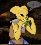 anthro dialogue female food fruit pineapple plant solo text bluedraggy sentientsocks microsoft prequel_adventure the_elder_scrolls katia_managan felid khajiit mammal digital_media_(artwork) hi_res shaded