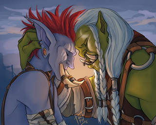 age_difference blue_body blue_skin braided_hair duo ear_piercing eyes_closed facial_piercing green_body green_skin hair heads_together humanoid_pointy_ears intimate male markings nose_piercing nose_ring piercing pointy_ears red_hair ring_piercing tusks white_hair gufychirpshere blizzard_entertainment warcraft varok_saurfang_(warcraft) zekhan humanoid orc troll_(mythology) 2018 5:4 hi_res