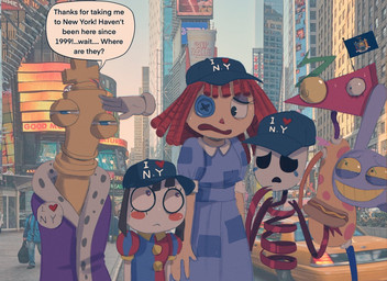 alternative_fashion ambiguous_gender awkward_moment baseball_cap billboard blue_clothing blue_dress building button_pin chess_piece city city_background clothing commercial_vehicle dark_humor dialogue doll dress female food group hat headgear headwear heart_symbol holding_hot_dog hot_dog humor j-fashion jester_outfit lolita_(fashion) looking_at_another male mask modern_architecture narrowed_eyes new_york_city new_york_state_flag outside photo_background rag_doll_(toy) royalty sign skyscraper speech_bubble sweet_lolita taxicab text times_square urban vehicle nikkiaart 9/11 cup_noodles ford ford_crown_victoria glitch_productions the_amazing_digital_circus gangle_(tadc) jax_(tadc) kinger_(tadc) pomni_(tadc) ragatha_(tadc) zooble_(tadc) animate_inanimate humanoid lagomorph leporid living_chess_piece living_doll living_mask living_toy mammal rabbit 2026 digital_drawing_(artwork) digital_media_(artwork) english_description english_text mixed_media photography_(artwork) nonbinary_(lore)