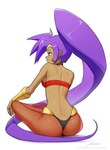 blue_eyes breasts brown_body brown_skin butt clothing ear_piercing ear_ring female hair humanoid_pointy_ears long_hair navel not_furry piercing pointy_ears ponytail purple_hair ring_piercing simple_background sitting smile solo text translucent translucent_clothing revenant_(artist) shantae_(series) wayforward shantae genie humanoid hi_res signature url