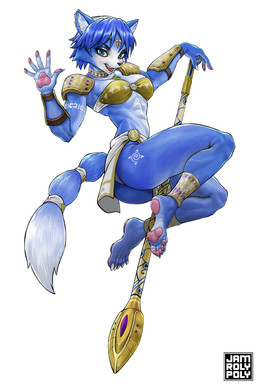 abs anthro armor athletic athletic_anthro athletic_female barefoot blue_body blue_fur blue_hair bottomwear bra butt cheek_tuft clothing countershade_face countershade_torso countershading dipstick_tail facial_tuft fangs feet female female_anthro fingerpads fur gesture hair handpaw inner_ear_fluff loincloth markings nails open_mouth open_smile panties pawpads paws sharp_nails sharp_teeth simple_background smile solo staff tail tail_markings tattoo teeth tuft underwear waving waving_at_viewer white_body white_fur jamrolypoly nintendo star_fox krystal_(star_fox) canid canine fox mammal 2026 absurd_res digital_drawing_(artwork) digital_media_(artwork) full-length_portrait hi_res portrait