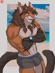 anthro biped boxer_briefs bulge clock clothing crossed_arms fur hair looking_at_viewer male muscular muscular_anthro muscular_male solo tail underwear watch raaz sylon_lyonwolf canid canine felid fox hybrid lion mammal pantherine 2023 dated hi_res