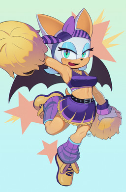 accessory anthro bat_wing bottomwear cheerleader clothing female headband leg_warmers legwear looking_at_viewer midriff open_mouth open_smile pom_poms simple_background skirt smile solo massivetwo sega sonic_the_hedgehog_(series) rouge_the_bat bat mammal absurd_res hi_res