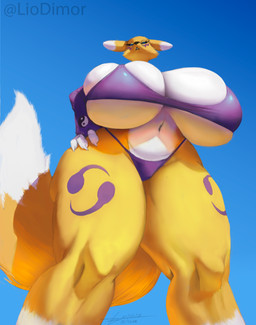 anthro armwear big_breasts bikini black_sclera blue_eyes breasts bridal_gauntlets clothing dipstick_tail double_tomoe female female_anthro fur hand_on_hip huge_breasts huge_hips huge_thighs low-angle_view markings navel purple_bikini purple_clothing purple_swimwear solo swimwear tail tail_markings text thick_thighs tomoe_(symbol) two-piece_swimsuit white_body white_fur wide_hips yellow_body yellow_fur liodimor bandai_namco digimon canid digimon_(species) mammal renamon 2025 artist_name dated hi_res signature