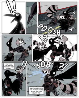 anthro assassin assassination beak big_breasts big_butt black_clothing bodily_fluids bodysuit boots breasts butt checking city city_background clothed clothing crying dodging duo female female_anthro femme_fatale footwear fur headlight high_heeled_boots high_heels huge_breasts knife markings night open_beak open_mouth pouch_(clothing) pushing pushing_away raccoon_tail shocked shoes simple_background skinsuit spread_wings stripes surprised tail tail_markings tears tears_of_joy teary_eyes text thief throwing_knife tight_clothing truck vehicle wings diegutan carmen_the_crow uva_the_raccoon avian bird corvid corvus_(genus) crow mammal oscine passerine procyonid raccoon 4:5 absurd_res aliasing binary_drawing comic digital_drawing_(artwork) digital_media_(artwork) english_text hi_res