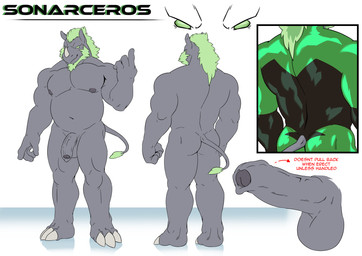 anthro areola back_muscles balls beard biped bodysuit butt close-up clothed clothed_anthro clothed_male clothing erection facial_hair facial_horn fingers flaccid foreskin front_view furgonomics genital_shot genitals glans green_clothing green_eyes green_hair grey_body hair horn humanoid_genitalia humanoid_hands humanoid_penis male musclegut muscular muscular_anthro muscular_arms muscular_legs muscular_male nipples nude_anthro nude_male pecs penis penis_shot plantigrade rear_view short_hair simple_background skinsuit smile solo standing tail text tight_clothing white_background samaraka sonarceros mammal rhinoceros character_name english_text full-length_portrait hi_res model_sheet portrait