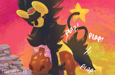 ambiguous_penetration areola bangs bent_over bestiality big_breasts black_body black_fur breasts brown-skinned_female brown_body brown_skin dark_body dark_skin doggystyle duo female female_on_feral feral feral_penetrating feral_penetrating_human from_behind_position fur genitals hair huge_breasts human_on_feral human_penetrated interspecies larger_feral larger_male looking_pleasured male male/female nude open_mouth penetration penis pink_hair pokephilia sex size_difference smaller_female smaller_human smile tongue tongue_out yellow_body yellow_fur xxbrewbeastxx nintendo pokemon ming-ming felid generation_4_pokemon human luxray mammal pokemon_(species) shiny_pokemon hi_res