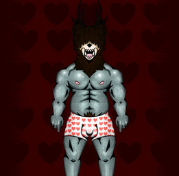 anthro antlers balls_outline belly biped bone brown_body brown_fur bulge clothed clothing detailed_bulge fur genital_outline glistening glistening_body grey_body heart_pattern heart_print_underwear horn male male_anthro muscular muscular_male navel nipples pattern_background simple_background skull skull_head solo tongue tongue_out underwear underwear_only gleep_glorp22 skulldog_(species)