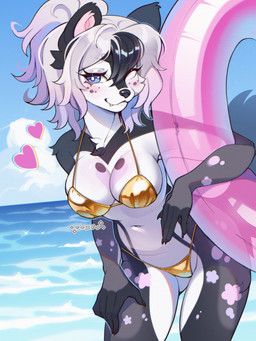 anthro arm_tuft barely_contained barely_contained_breasts big_breasts bikini bikini_bottom bikini_top black_body black_fur black_nails blue_eyes blush bra breasts chest_tuft clothing cloud colored_nails detailed_background female fluffy fur fur_markings gold_bikini gold_bikini_bottom gold_bikini_top golden_clothing hair heart_(marking) heart_symbol high_waisted_bikini high_waisted_bottomwear high_waisted_clothing high_waisted_swimwear holding_object humanoid_hands looking_at_viewer markings mouth_closed multicolored_body multicolored_fur nails navel outside pink_body pink_fur pool_float pool_toy sea shoulder_tuft sky solo swimwear teeth tuft two-piece_swimsuit two_tone_body two_tone_fur underwear water white_body white_fur white_hair cepto_(artist) golden_week 2025 digital_media_(artwork) hi_res