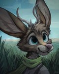 anthro antlers big_ears blue_eyes blue_sky brown_body brown_fur cheek_tuft clothing cloud detailed_background eyebrows facial_tuft female field fur grass green_scarf head_tuft horn inner_ear_fluff looking_up outside pink_nose plant scarf sky smile solo tall_grass tan_inner_ear_fluff topwear tuft whisker_spots whiskers jacato ellie_the_hare jackalope lagomorph mammal 2021 4:5 bust_portrait cool_colors digital_media_(artwork) hi_res portrait signature