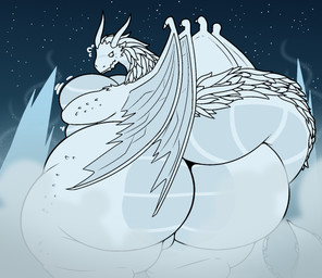 anthro big_breasts big_butt bodily_fluids breasts butt female flying_sweatdrops fog horn huge_butt long_tail looking_back motion_lines non-mammal_breasts nude overweight overweight_anthro overweight_female rear_view scales sweat sweatdrop tail thick_tail white_body white_eyes white_scales wings seethiur elden_ring elden_ring_nightreign fromsoftware mythology caligo_miasma_of_night dragon elemental_creature elemental_dragon ice_dragon mythological_creature mythological_scalie scalie hi_res