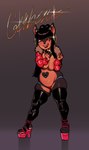 anthro big_breasts black_hair breasts brown_body brown_fur clothing collar ear_piercing ear_ring female footwear fur glistening glistening_body glistening_ear_ring gold_(metal) gold_ear_ring gold_jewelry gold_piercing hair heart_piercing high_heels jacket jewelry latex latex_clothing latex_legwear legwear lips navel navel_piercing piercing red_clothing red_eyes red_footwear red_high_heels red_jacket red_lips red_topwear ring_piercing shoes solo spiked_collar spikes tongue tongue_out topwear cinnabus eromamgasemsei3 cerberus_(cinnabus) canid canine canis dobermann domestic_dog humanoid mammal pinscher absurd_res hi_res