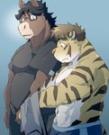 anthro black_hair bottomwear brown_body clothing dressing duo eyewear glasses hair kemono male pants shirt simple_background slightly_chubby topwear underwear train_(artist) girl_staring_at_man's_chest equid equine felid horse mammal pantherine tiger 2021 hi_res meme