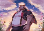 anthro bottomwear brown_body clothing cloud detailed_background flower humanoid_hands kemono male musclegut muscular outside overweight overweight_male pants plant shirt solo suspenders topwear kuremura62213 knights_college hermann_(knights_college) mammal suid suine sus_(pig) wild_boar 2022