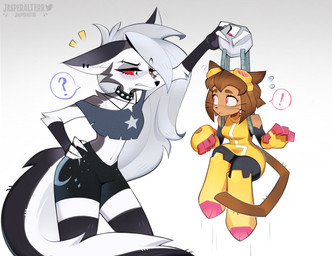anthro armwear bodily_fluids breasts claws clothing collar duo eye_contact eyewear female fingers fur goggles hair hand_on_hip legwear lifting_partner looking_at_another machine question_mark spiked_collar spikes sweat tail voice_actor_joke whiskers jasperalterr gameoverse glitch_productions hellaverse helluva_boss mythology kaboodle_(gameoverse) kit_bodega loona_(helluva_boss) canid canid_demon canine demon domestic_cat felid feline felis hellhound mammal mythological_canine mythological_creature robot 2026 crossover digital_media_(artwork) hi_res