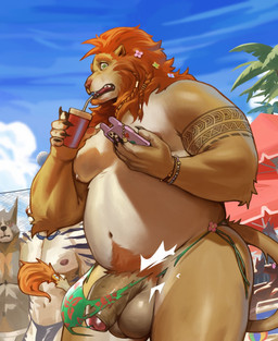 abs anthro areola arm_tattoo ball balls beach beach_ball beach_umbrella beverage blush body_hair bracelet braided_hair clothing cloud cooler drinking electronics eyewear forearm_muscles foreskin genitals green_eyes hair happy_trail holding_object inflatable jewelry jockstrap looking_at_viewer male mane mostly_nude musclegut muscular muscular_anthro muscular_male navel nipples orange_hair parasol pecs penis phone phone_case pubes ripped_underwear shocked slightly_chubby slightly_chubby_male solo speedo sunglasses swimwear tail tattoo tight_clothing torn_clothing underwear wardrobe_malfunction kristakeshi felid lion mammal pantherine hi_res