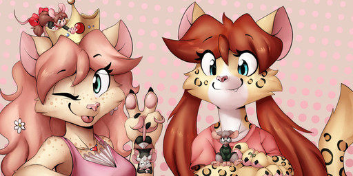 anthro blush blush_lines bow_ribbon cat_tail claws clothed clothing crown dress extreme_size_difference eyelashes eyewear fangs female finger_claws flower freckled_chest freckled_face freckled_shoulders freckles fur gesture glasses group hair hand_gesture headgear jewelry long_eyelashes long_hair looking_at_viewer male markings mouse_tail necklace one_eye_closed pawpads paws plant pose servant shirt size_difference smile spots spotted_body spotted_fur teeth tongue tongue_out topwear tuft twintails_(hairstyle) v_sign wearing_glasses wink winking_at_viewer muhny chloe_(muhny) edie_(muhny) lily_(muhny) lyle_(muhny) princess_nino_(muhny) cheetah domestic_cat felid feline felis mammal mouse murid murine rodent hi_res