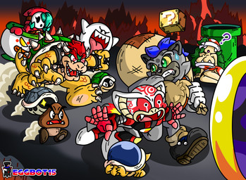 ?_block claws clothing collar female gold_ring green_pipe group hair horn koopa_clown_car male plant red_hair running_away shell spikes tail eggbot15 mario_bros nintendo sega sonic_the_hedgehog_(series) bowser dr._frlicien_(eggbot15) fan_character nixus_(eggbot15) boo_(mario) dry_bones elemental_creature flora_fauna ghost goomba hyena koopa mammal piranha_plant reptile scalie shyguy snake spirit absurd_res digital_media_(artwork) hi_res