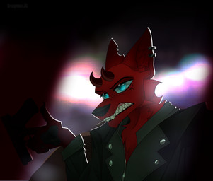 ambiguous_gender anthro bared_teeth blue_eyes bored cigar cigarette cigarette_in_mouth cigarette_smoke clothing ear_piercing fur furniture gangster horn jacket leather leather_clothing leather_jacket leather_topwear lights lobotomizeriv mafia night nightclub nimune object_in_mouth piercing red_body red_fur relaxing sitting smoke sofa solo teeth topwear krampuzzz krampuzzzda canid canine canis demon hybrid mammal wolf hi_res