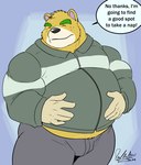 anthro belly black_nose bottomwear bulge clothing eyes_closed humanoid_hands male overweight overweight_male pants simple_background solo text yellow_body deadanthro animal_crossing nintendo nate_(animal_crossing) bear mammal 2020 english_text