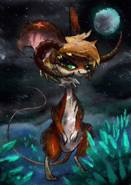 anthro blonde_hair bovid_horn caprine_horn detailed_background female fur grass hair horn moon night orange_body orange_fur plant ram_horn semi-anthro smile solo naircat transformice mammal mouse murid murine rodent 2015 hi_res