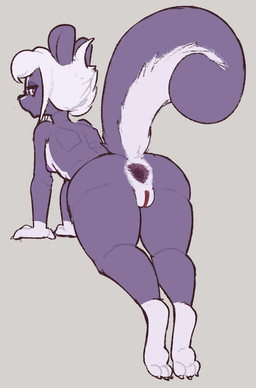 anthro anus big_tail breasts darkened_anus darkened_genitalia digitigrade female gaping gaping_anus genitals hair purple_body purple_eyes side_boob simple_background solo solo_focus standing tail white_hair trufzn samantha_(bateryne) mammal mephitid skunk hi_res