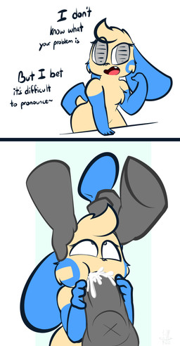 4_fingers anthro anthro_penetrated blind blind_eye bodily_fluids cross-eyed cum cum_in_mouth cum_inside cute_fangs dialogue disability disembodied_penis duo ear_grab erection eyelashes face_fucking fangs fellatio female female_anthro female_focus female_penetrated fingers forced forced_oral fur genital_fluids genitals hair hand_on_head hand_on_penis human_on_anthro humanoid_genitalia humanoid_penis interspecies irrumatio male male/female male_penetrating male_penetrating_female open_mouth oral oral_penetration orgasm penetration penile penile_penetration penis penis_in_mouth pokephilia questionable_consent sex simple_background size_difference smile solo_focus taunting teeth text tongue wide_hips yellow_body yellow_fur thefablednekos instant_loss_2koma nintendo pokemon kelly_(thefablednekos) generation_3_pokemon human mammal minun pokemon_(species) 2018 2koma absurd_res comic dated digital_media_(artwork) english_text hi_res