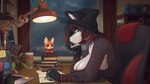 anthro beanie big_breasts breasts clothing collar computer desk electronics female fur furniture hat headgear headwear laptop multicolored_body multicolored_fur solo table two_tone_body two_tone_fur galacticmichi nintendo nintendo_switch tena_teardrop domestic_cat felid feline felis mammal 16:9 2023 widescreen