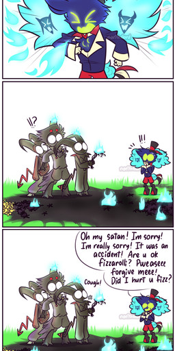 4_panel_comic >_< accident aged_down anthro apology blue_body blue_feathers blue_fire bodily_fluids bored breath_powers buttercup_(flower) clothed clothing clown_costume colored_fire constricted_pupils cough crown crying dialogue elemental_manipulation eyes_closed feathers fire fire_breathing fire_manipulation flower grass green_eyes green_onesie group hand_holding hands_over_mouth hat headgear headwear horn male onesie outside plant pupils red_body red_skin shocked small_hands small_pupils smoke sneeze soot spade_tail striped_horn stripes suspenders tail tail_feathers tears text top_hat young norithelord hellaverse helluva_boss asmodeus_(helluva_boss) blitzo_(helluva_boss) fizzarolli_(helluva_boss) stolas_(helluva_boss) avian avian_demon bird demon humanoid imp owl owl_demon 2022 absurd_res artist_name comic english_text hi_res watermark