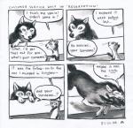 2016 4koma absurd_res anne_barnetson base_two_layout black_nose canid canine canis comic customer_service_wolf dialogue duo english_text exclamation_point feral four_frame_image grid_layout hi_res mammal mustelid musteline question_mark snout speech_bubble teeth text traditional_media_(artwork) true_musteline two_row_layout weasel wolf