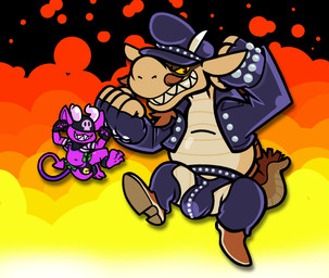 3_toes 5_fingers action_pose anthro assless_pants banknote belly big_ears black_background black_bottomwear black_clothing black_gloves black_handwear black_headkerchief black_headwear black_jacket black_kerchief black_neckerchief black_pants black_thong black_topwear black_underwear bottomwear brown_clothing brown_facial_hair brown_footwear brown_goatee brown_mustache brown_shoes bulge claws clothed clothing cuff_(restraint) currency_symbol dollar_sign duo facial_hair feet fingerless_gloves fingers fire fist footwear front_view gloves goatee grin grinning_at_viewer handwear headgear headkerchief headwear hidden_eyes horn jacket jumping kerchief leather leather_bottomwear leather_clothing leather_daddy leather_jacket leather_topwear looking_at_viewer male midair money money_in_thong mustache navel neckerchief neckwear pants pantsless pattern_clothing pattern_shirt pattern_topwear pointy_ears pose print_clothing purple_body purple_skin purple_tail raised_fist raised_hand red_eyes restraints sharp_teeth shirt shoes simple_background skull_symbol smile smiling_at_viewer spade_tail striped_clothing striped_shirt striped_topwear stripes studs symbol tail tan_body tan_skin teeth thong toe_claws toes toothy_grin topwear underwear wavy_horn white_horn yellow_sclera yoshiemblem donkey_kong_bananza kings_of_hell mythology boone_(misterimp) bune_(kings_of_hell) demon dragon humanoid imp mythological_creature mythological_scalie scalie 2025 digital_media_(artwork) hi_res