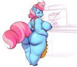 anthro anthrofied apron apron_only big_breasts big_butt blue_body breasts butt clothed clothing curvy_figure equid equine female friendship_is_magic hasbro huge_butt mammal mature_female mostly_nude mrs._cake_(mlp) my_little_pony no_underwear solo thick_thighs voluptuous vondranart