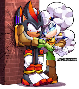 anthro black_body black_fur black_nose boots brick brick_wall clothing duo female fingerless_gloves footwear fur gloves handwear inhibitor_ring kabedon male male/female pink_nose quills_(anatomy) shoes super_strength wall_(structure) white_body white_fur wispon sunsetbriz idw_publishing sega sonic_the_hedgehog_(comics) sonic_the_hedgehog_(idw) sonic_the_hedgehog_(series) lanolin_the_sheep_(sonic) shadow_the_hedgehog bovid caprine eulipotyphlan hedgehog mammal sheep hi_res signature