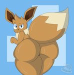 anthro big_butt big_tail brown_body butt ears_up eyebrows looking_at_viewer male raised_eyebrow raised_hand raised_tail simple_background solo tail thick_thighs maxxivee nintendo pokemon eevee generation_1_pokemon pokemon_(species) hi_res