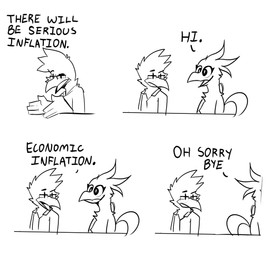 4_panel_comic anthro beak clothing collared_shirt dialogue dress_shirt duo eyewear glasses humor inflation_(economics) male misunderstanding punctuation_marks shirt smile text topwear mangoyena ambiguous_species avian bird 2020 comic english_text hi_res monochrome