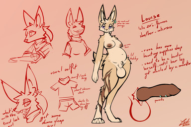 animal_genitalia animal_penis anthro balls big_balls big_breasts big_ears big_penis breasts canine_genitalia canine_penis clothing ear_piercing fluffy fluffy_sheath fluffy_tail fully_sheathed genital_piercing genitals grin gynomorph hair inner_ear_fluff intersex leg_scar looking_at_viewer looking_away navel nipple_piercing nipples nude penis penis_piercing piercing ponytail pronouns purple_eyes resting_bitch_face scar scarf sharp_teeth sheath shirt slightly_chubby slightly_chubby_gynomorph slightly_chubby_intersex smile solo standing tail teeth teeth_showing text topwear tuft conditional_dnp lodi_(artist) canid canine fennec_fox fox mammal true_fox english_text hi_res model_sheet