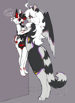 against_surface against_wall anthro black_sclera blush butt dominant dominant_female duo eye_contact female flat_chested fur grey_body grey_fur gynomorph heart_symbol inner_ear_fluff intersex lifting_partner looking_at_another red_body red_eyes red_fur size_difference tail tail_motion tailwag text tongue tongue_out tuft white_body white_fur rotten_mice bernadette_selka kirry_ogawa avian bat domestic_cat felid feline felis hybrid mammal absurd_res hi_res trans_(lore) trans_woman_(lore)